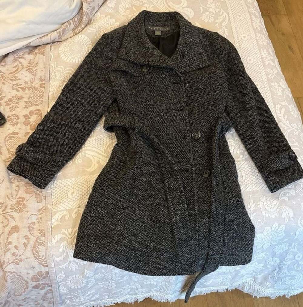 Kenneth Cole Reaction Gray Wool Blend Belted Tweed Peacoat